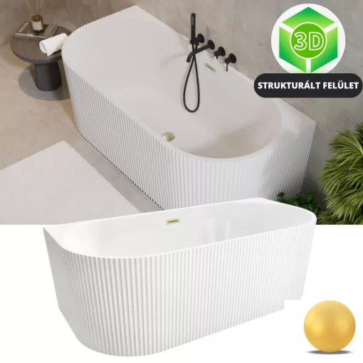 HD Atlanta White félszabadonálló akril kád szálcsiszolt arany túlfolyóval és click-clack leeresztővel, 170x80x58 cm