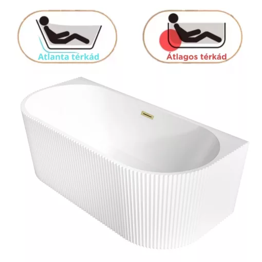 HD Atlanta White félszabadonálló akril kád szálcsiszolt arany túlfolyóval és click-clack leeresztővel, 170x80x58 cm