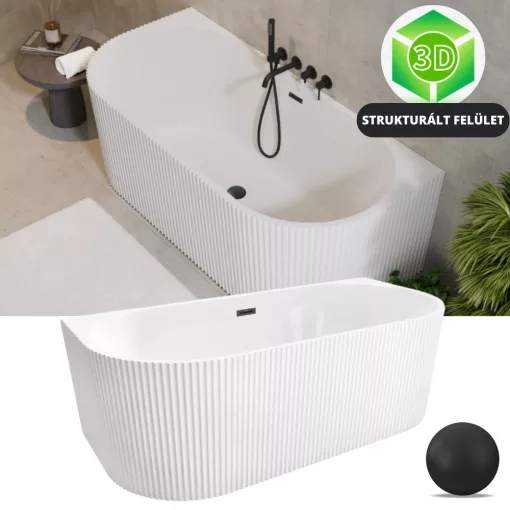 HD Atlanta White félszabadonálló akril kád matt fekete túlfolyóval és click-clack leeresztővel, 170x80x58 cm