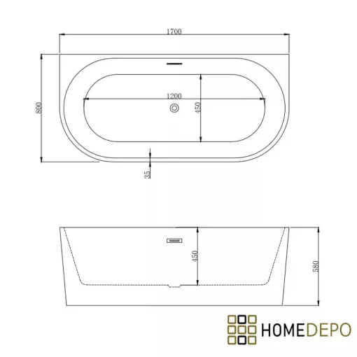 HD Atlanta White félszabadonálló akril kád matt fekete túlfolyóval és click-clack leeresztővel, 170x80x58 cm