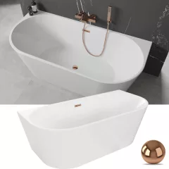   HD Florida White 150/160/170 cm hosszú félszabadonálló akril kád rózsa arany túlfolyóval és click-clack leeresztővel