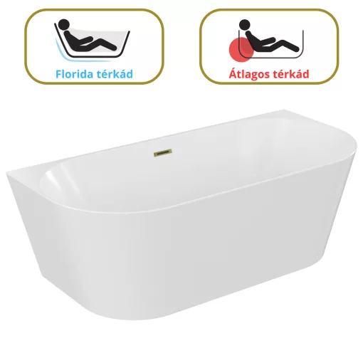 HD Florida White 150/160/170 cm hosszú félszabadonálló akril kád fényes arany túlfolyóval és click-clack leeresztővel