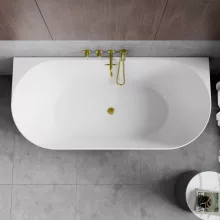 HD Florida White 150/160/170 cm hosszú félszabadonálló akril kád szálcsiszolt arany túlfolyóval és click-clack leeresztővel