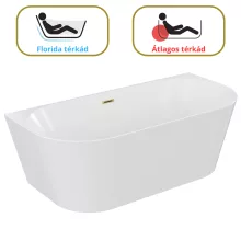 HD Florida White 150/160/170 cm hosszú félszabadonálló akril kád szálcsiszolt arany túlfolyóval és click-clack leeresztővel