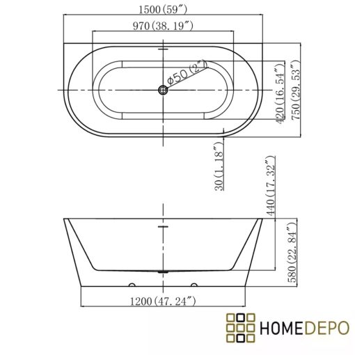 HD Florida White 150/160/170 cm hosszú félszabadonálló akril kád szürke túlfolyóval és click-clack leeresztővel