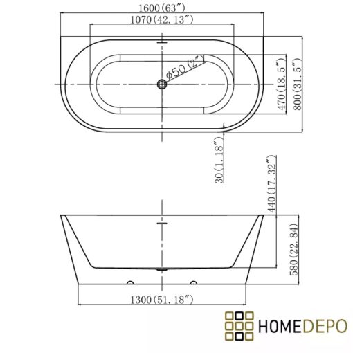HD Florida White 160x80 félszabadonálló akril kád szürke túlfolyóval és click-clack leeresztővel