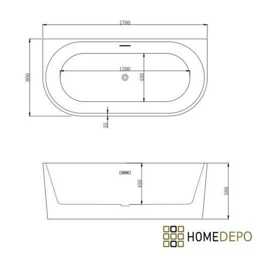 HD Florida White 170x80 félszabadonálló akril kád szürke túlfolyóval és click-clack leeresztővel
