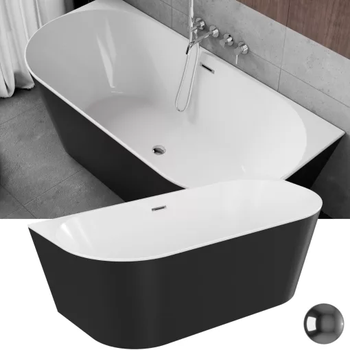 HD Florida Black 170x80 félszabadonálló akril kád fényes króm túlfolyóval és click-clack leeresztővel