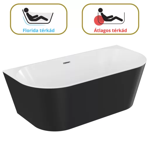 HD Florida Black 170x80 félszabadonálló akril kád fényes króm túlfolyóval és click-clack leeresztővel