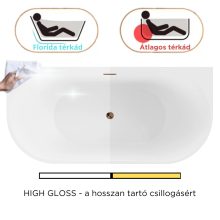 HD Florida Black 170x80 félszabadonálló akril kád rózsa arany túlfolyóval és click-clack leeresztővel
