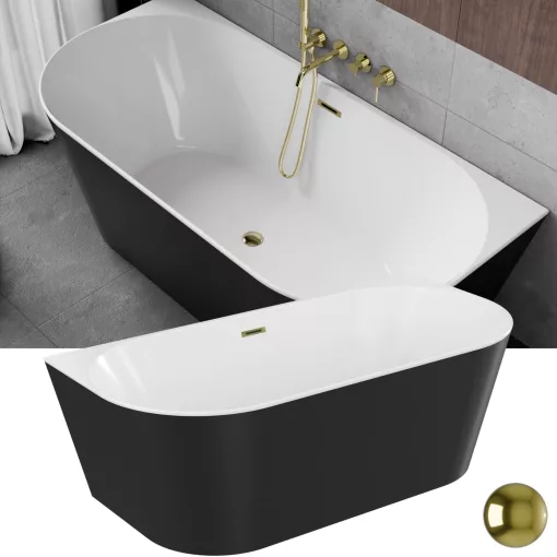 HD Florida Black 170x80 félszabadonálló akril kád fényes arany túlfolyóval és click-clack leeresztővel