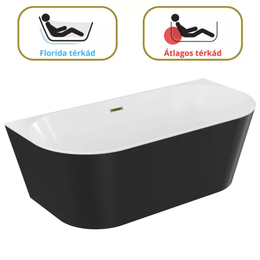 HD Florida Black 170x80 félszabadonálló akril kád fényes arany túlfolyóval és click-clack leeresztővel