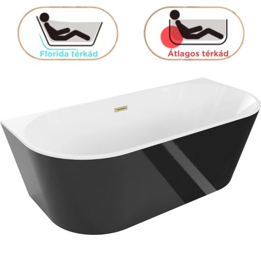 HD Florida Black 170x80 félszabadonálló akril kád szálcsiszolt arany túlfolyóval és click-clack leeresztővel