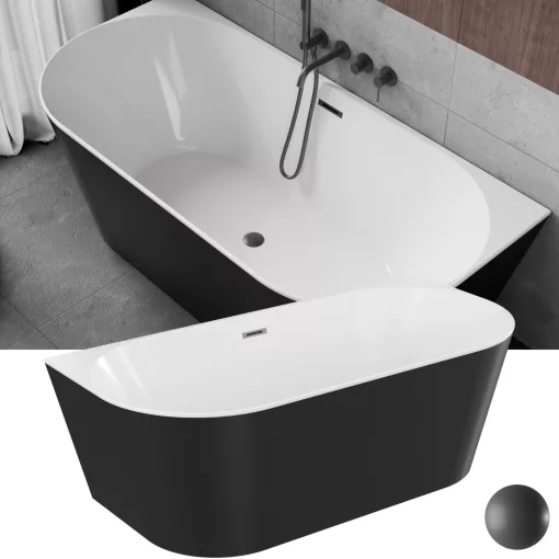 HD Florida Black 170x80 félszabadonálló akril kád szürke túlfolyóval és click-clack leeresztővel