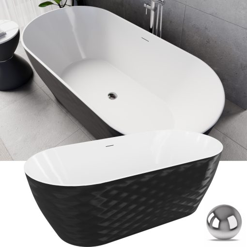 HD Naomi Black&White ovális térben álló akril kád fényes króm click-clack leeresztővel és slim túlfolyóval, 170x75x60 cm