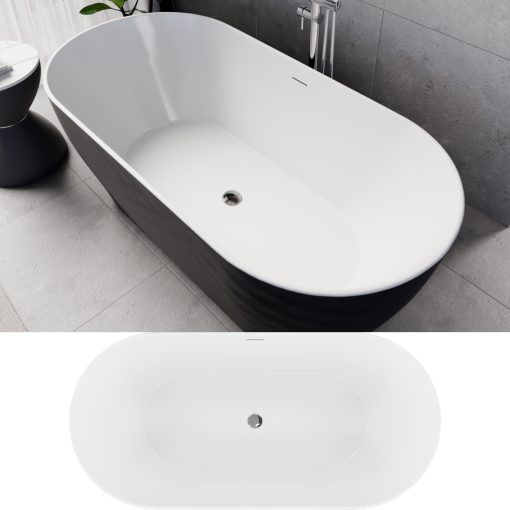 HD Naomi Black&White ovális térben álló akril kád fényes króm click-clack leeresztővel és slim túlfolyóval, 170x75x60 cm