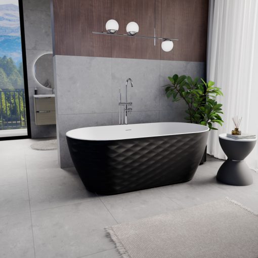 HD Naomi Black&White ovális térben álló akril kád fényes króm click-clack leeresztővel és slim túlfolyóval, 170x75x60 cm