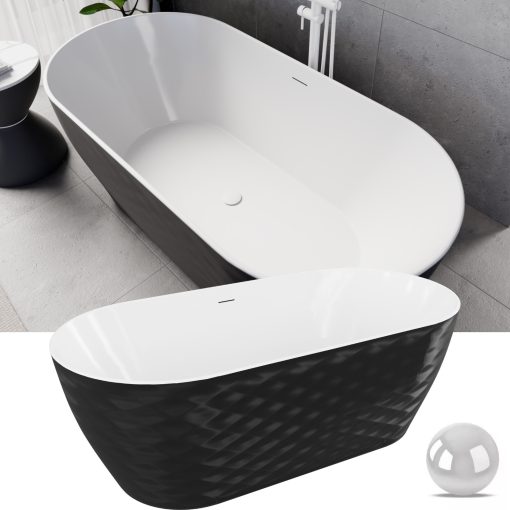 HD Naomi Black&White ovális térben álló akril kád fényes fehér click-clack leeresztővel és slim túlfolyóval, 170x75x60 cm