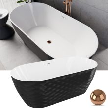 HD Naomi Black&White ovális térben álló akril kád rózsa arany click-clack leeresztővel és slim túlfolyóval, 170x75x60 cm