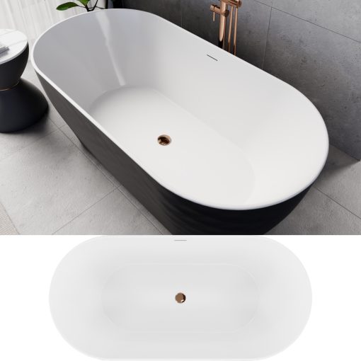 HD Naomi Black&White ovális térben álló akril kád rózsa arany click-clack leeresztővel és slim túlfolyóval, 170x75x60 cm