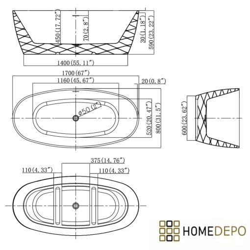 HD Naomi Black&White ovális térben álló akril kád rózsa arany click-clack leeresztővel és slim túlfolyóval, 170x75x60 cm