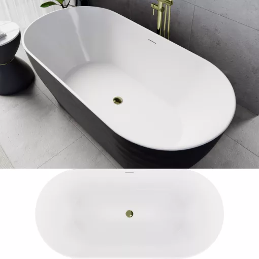 HD Naomi Black&White ovális térben álló akril kád fényes arany click-clack leeresztővel és slim túlfolyóval, 170x75x60 cm