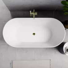 HD Naomi Black&White ovális térben álló akril kád fényes arany click-clack leeresztővel és slim túlfolyóval, 170x75x60 cm