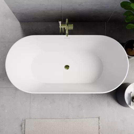 HD Naomi Black&White ovális térben álló akril kád fényes arany click-clack leeresztővel és slim túlfolyóval, 170x75x60 cm