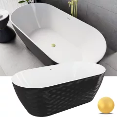   HD Naomi Black&White ovális térben álló akril kád szálcsiszolt arany click-clack leeresztővel és slim túlfolyóval, 170x75x60 cm