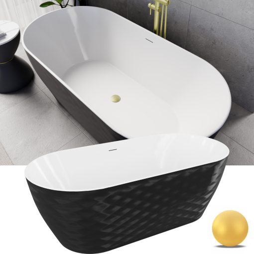 HD Naomi Black&White ovális térben álló akril kád szálcsiszolt arany click-clack leeresztővel és slim túlfolyóval, 170x75x60 cm