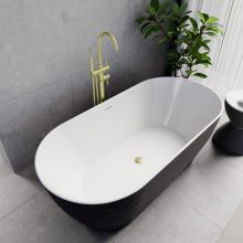 HD Naomi Black&White ovális térben álló akril kád szálcsiszolt arany click-clack leeresztővel és slim túlfolyóval, 170x75x60 cm