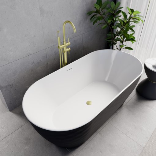 HD Naomi Black&White ovális térben álló akril kád szálcsiszolt arany click-clack leeresztővel és slim túlfolyóval, 170x75x60 cm