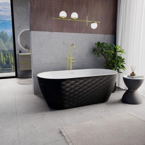 HD Naomi Black&White ovális térben álló akril kád szálcsiszolt arany click-clack leeresztővel és slim túlfolyóval, 170x75x60 cm