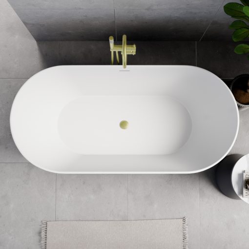 HD Naomi Black&White ovális térben álló akril kád szálcsiszolt arany click-clack leeresztővel és slim túlfolyóval, 170x75x60 cm