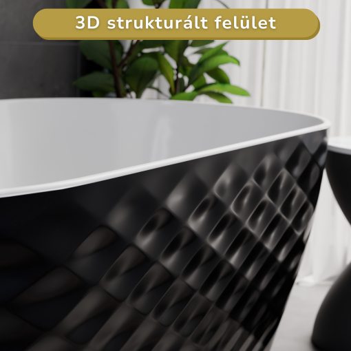 HD Naomi Black&White ovális térben álló akril kád szálcsiszolt arany click-clack leeresztővel és slim túlfolyóval, 170x75x60 cm