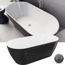 HD Naomi Black&White ovális térben álló akril kád szürke click-clack leeresztővel és slim túlfolyóval, 170x75x60 cm