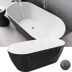   HD Naomi Black&White ovális térben álló akril kád szürke click-clack leeresztővel és slim túlfolyóval, 170x75x60 cm