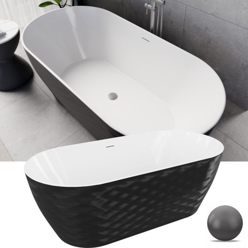 HD Naomi Black&White ovális térben álló akril kád szürke click-clack leeresztővel és slim túlfolyóval, 170x75x60 cm