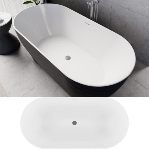 HD Naomi Black&White ovális térben álló akril kád szürke click-clack leeresztővel és slim túlfolyóval, 170x75x60 cm