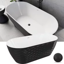 HD Naomi Black&White ovális térben álló akril kád matt fekete click-clack leeresztővel és slim túlfolyóval, 170x75x60 cm