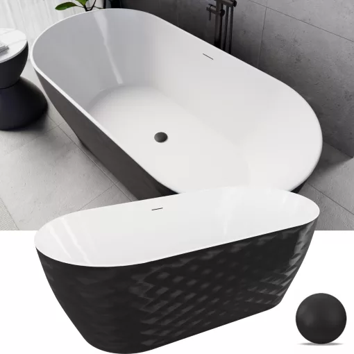 HD Naomi Black&White ovális térben álló akril kád matt fekete click-clack leeresztővel és slim túlfolyóval, 170x75x60 cm