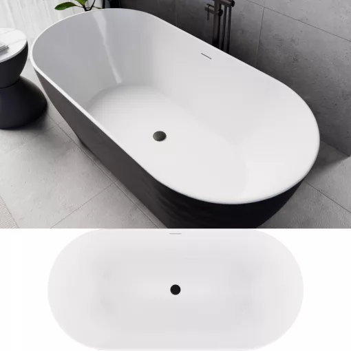 HD Naomi Black&White ovális térben álló akril kád matt fekete click-clack leeresztővel és slim túlfolyóval, 170x75x60 cm