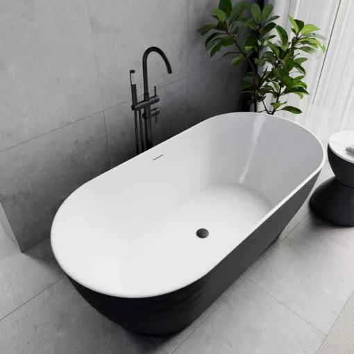 HD Naomi Black&White ovális térben álló akril kád matt fekete click-clack leeresztővel és slim túlfolyóval, 170x75x60 cm