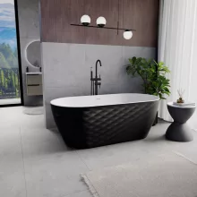 HD Naomi Black&White ovális térben álló akril kád matt fekete click-clack leeresztővel és slim túlfolyóval, 170x75x60 cm
