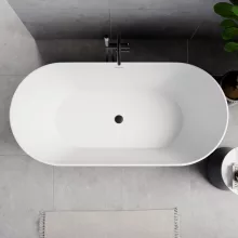 HD Naomi Black&White ovális térben álló akril kád matt fekete click-clack leeresztővel és slim túlfolyóval, 170x75x60 cm