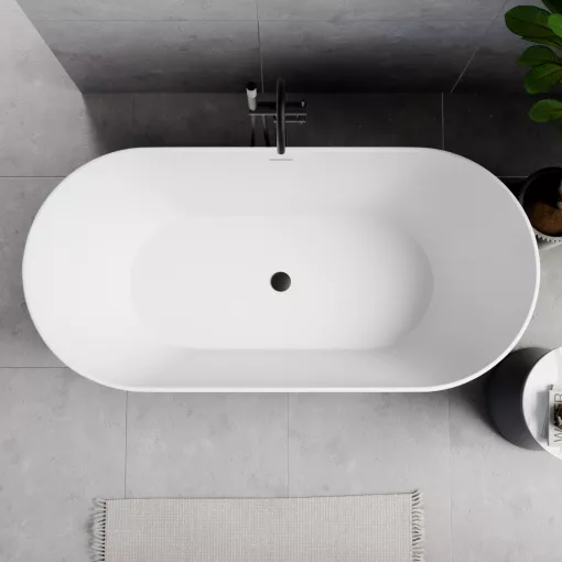 HD Naomi Black&White ovális térben álló akril kád matt fekete click-clack leeresztővel és slim túlfolyóval, 170x75x60 cm