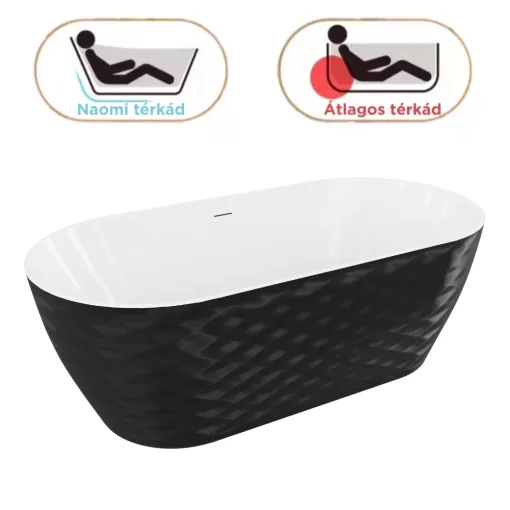 HD Naomi Black&White ovális térben álló akril kád matt fekete click-clack leeresztővel és slim túlfolyóval, 170x75x60 cm