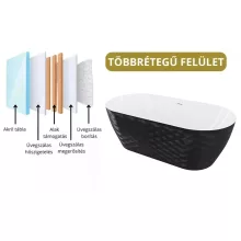 HD Naomi Black&White ovális térben álló akril kád matt fekete click-clack leeresztővel és slim túlfolyóval, 170x75x60 cm