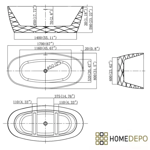 HD Naomi Black&White ovális térben álló akril kád matt fekete click-clack leeresztővel és slim túlfolyóval, 170x75x60 cm