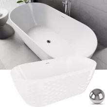 HD Naomi White ovális térben álló akril kád fényes króm click-clack leeresztővel és slim túlfolyóval, 170x75x60 cm